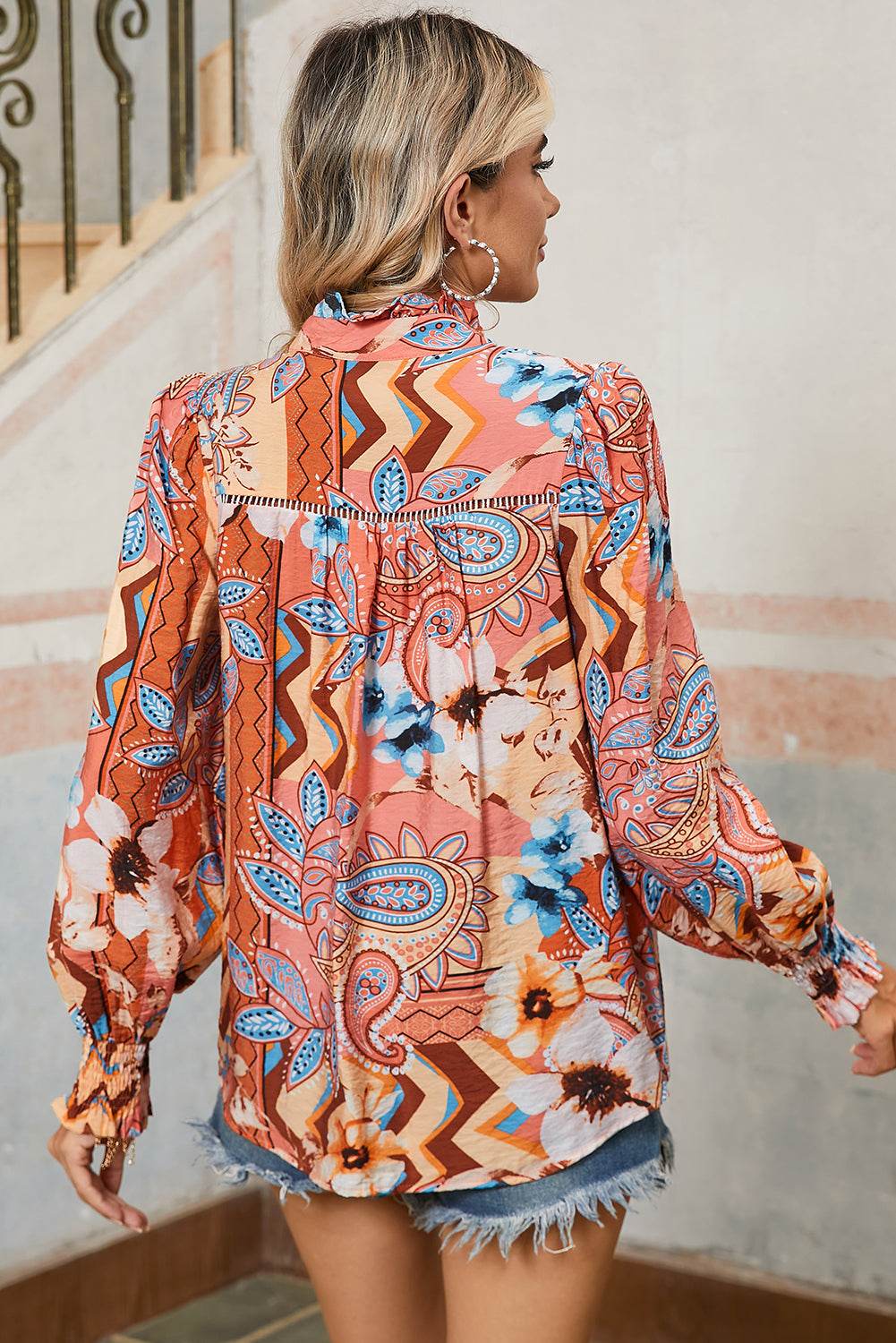 Stylish Floral Loose Fit Shirt Orange Print & Shirred Cuffs