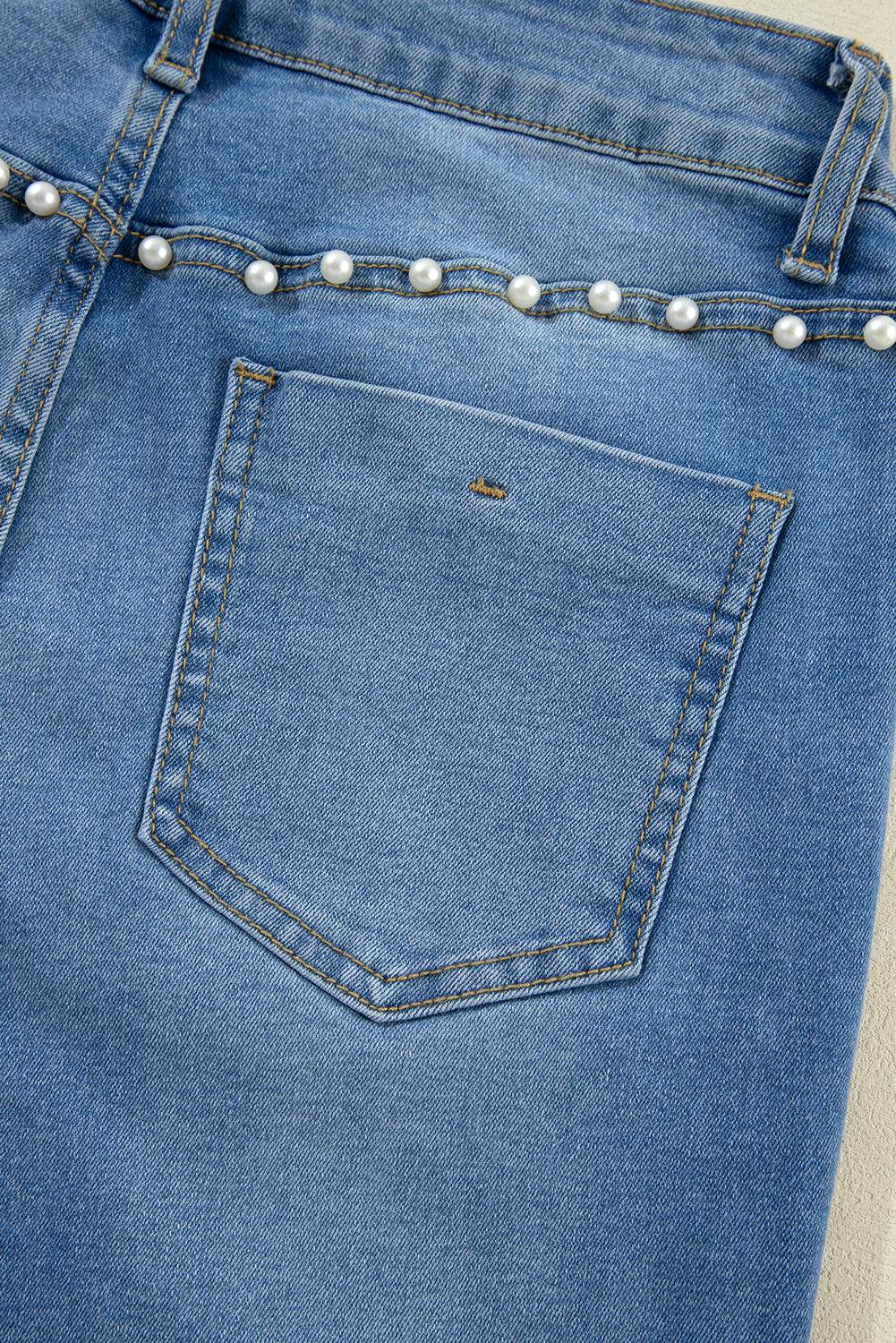Trending Dusk Blue Flared Jeans High Waist & Pearl Details