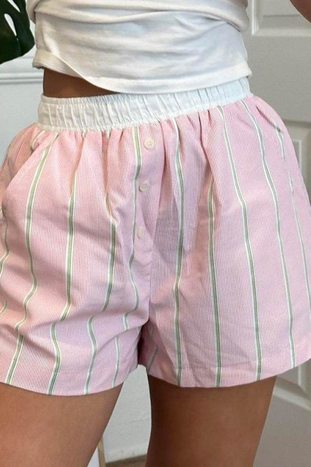 Trendy Stylish Pink Stripe Clashing Button Loose Pocket Shorts