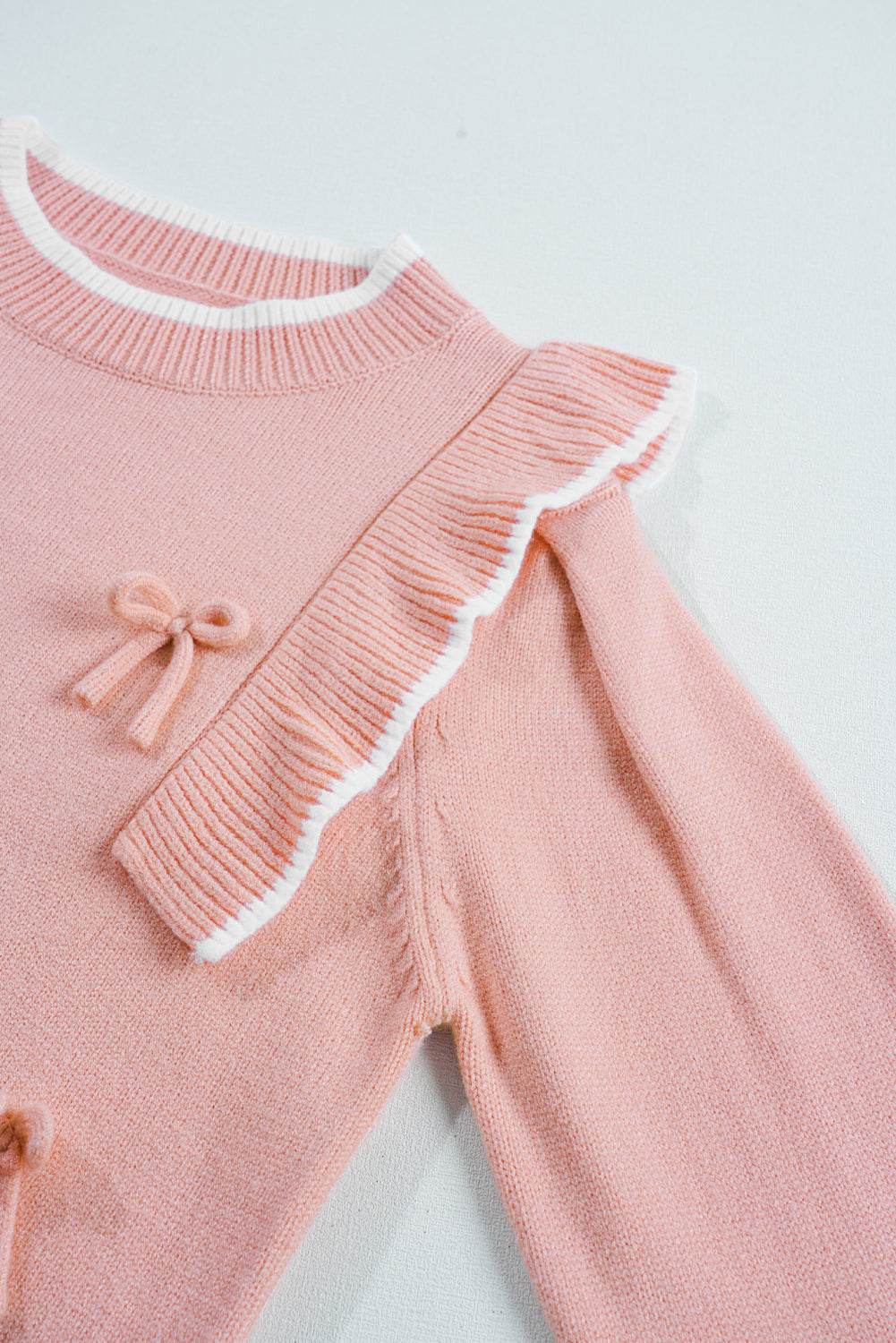 Women's Light Pink Bow Detail Contrast Trim Ruffle Sweater Outfit
