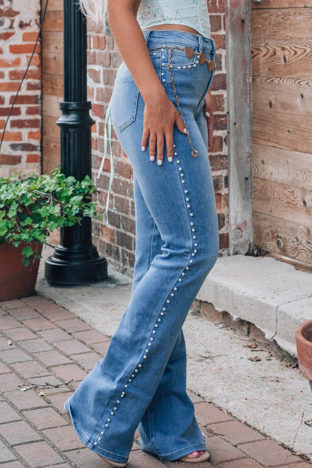 Trending Dusk Blue Flared Jeans High Waist & Pearl Details