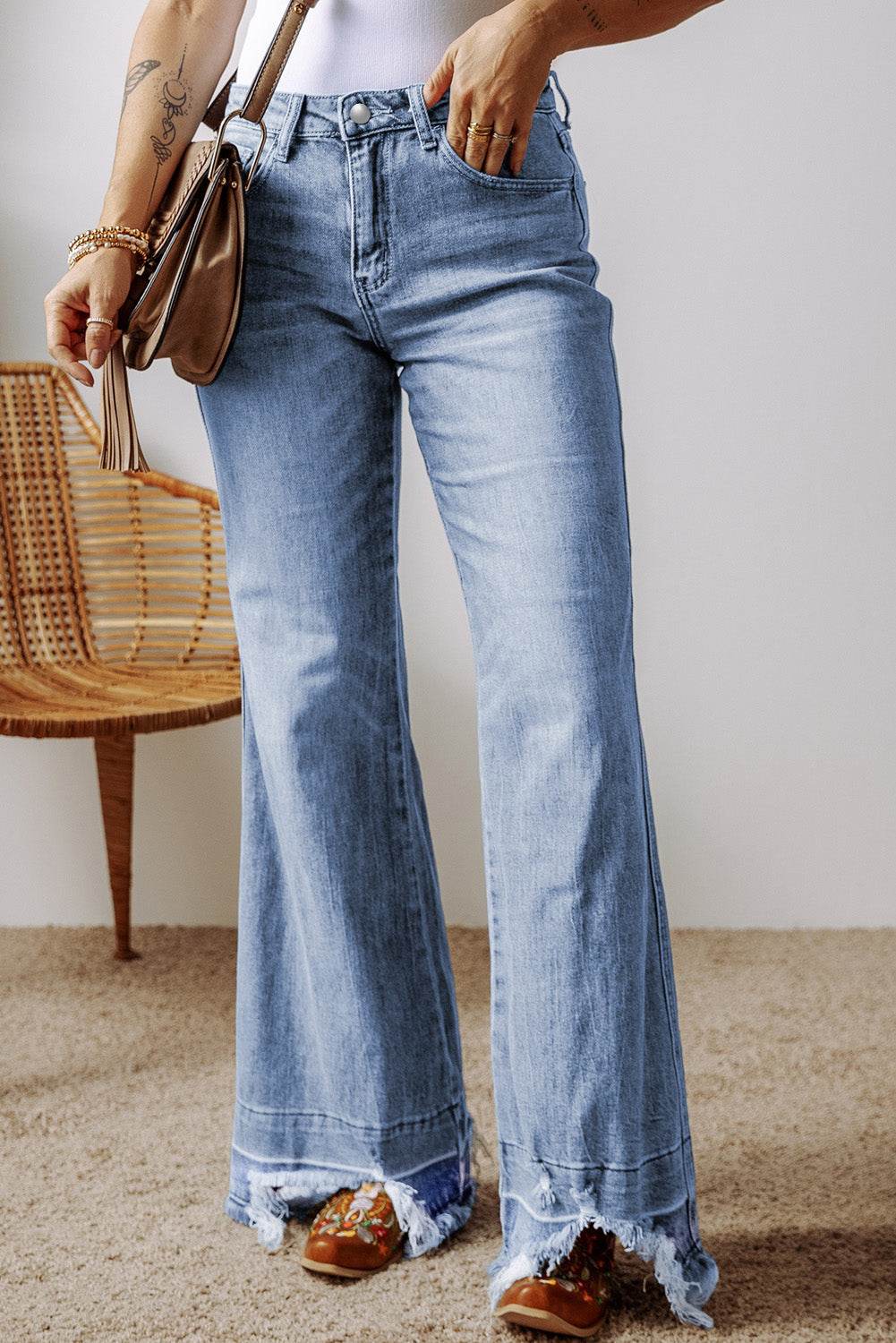 Women's Blue Acid Wash Raw Hem High Waist Flared Jeans