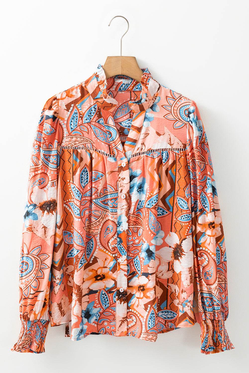 Stylish Floral Loose Fit Shirt Orange Print & Shirred Cuffs