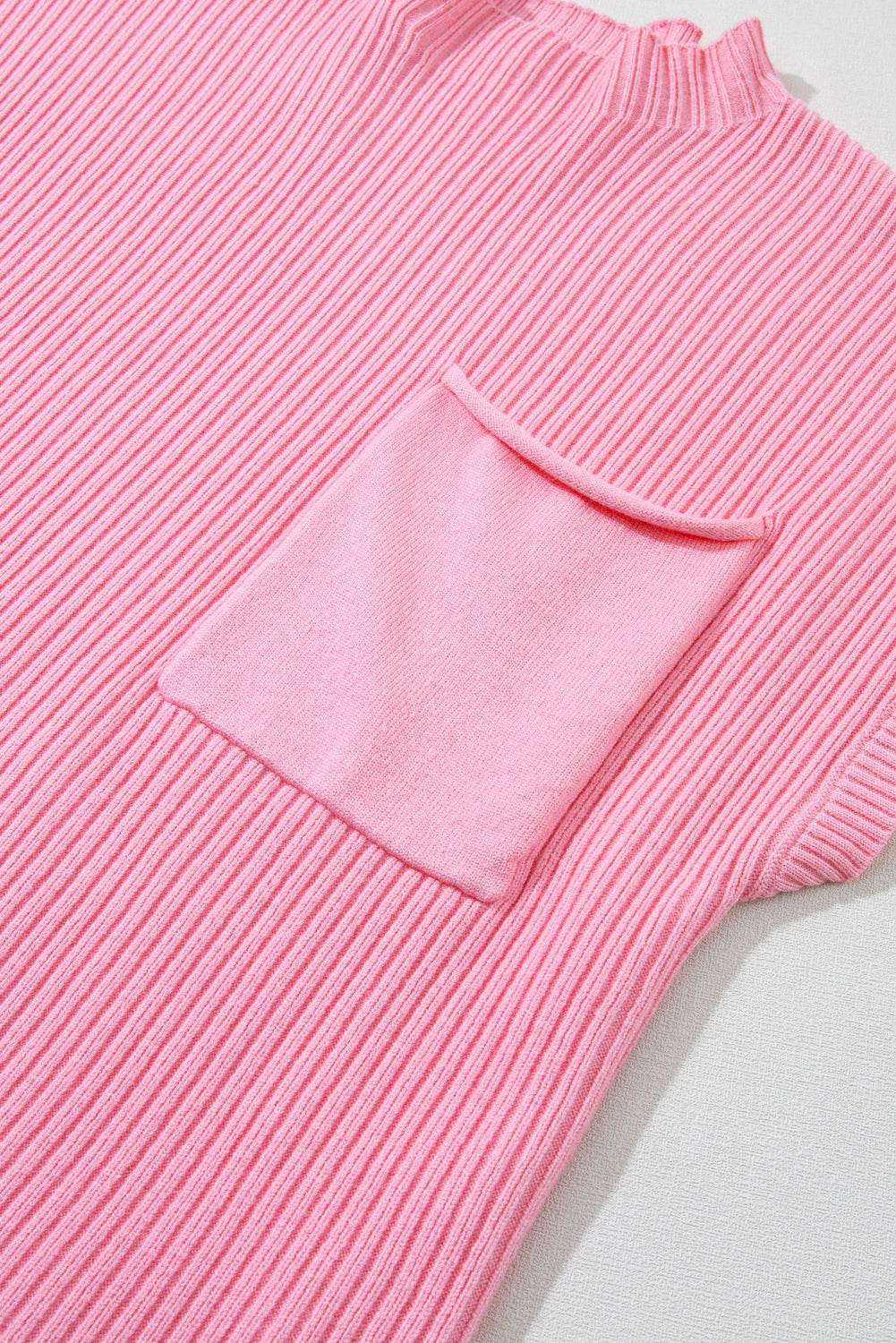 Women's Black Patch Pocket Ribbed Knit Short Sleeve Sweater