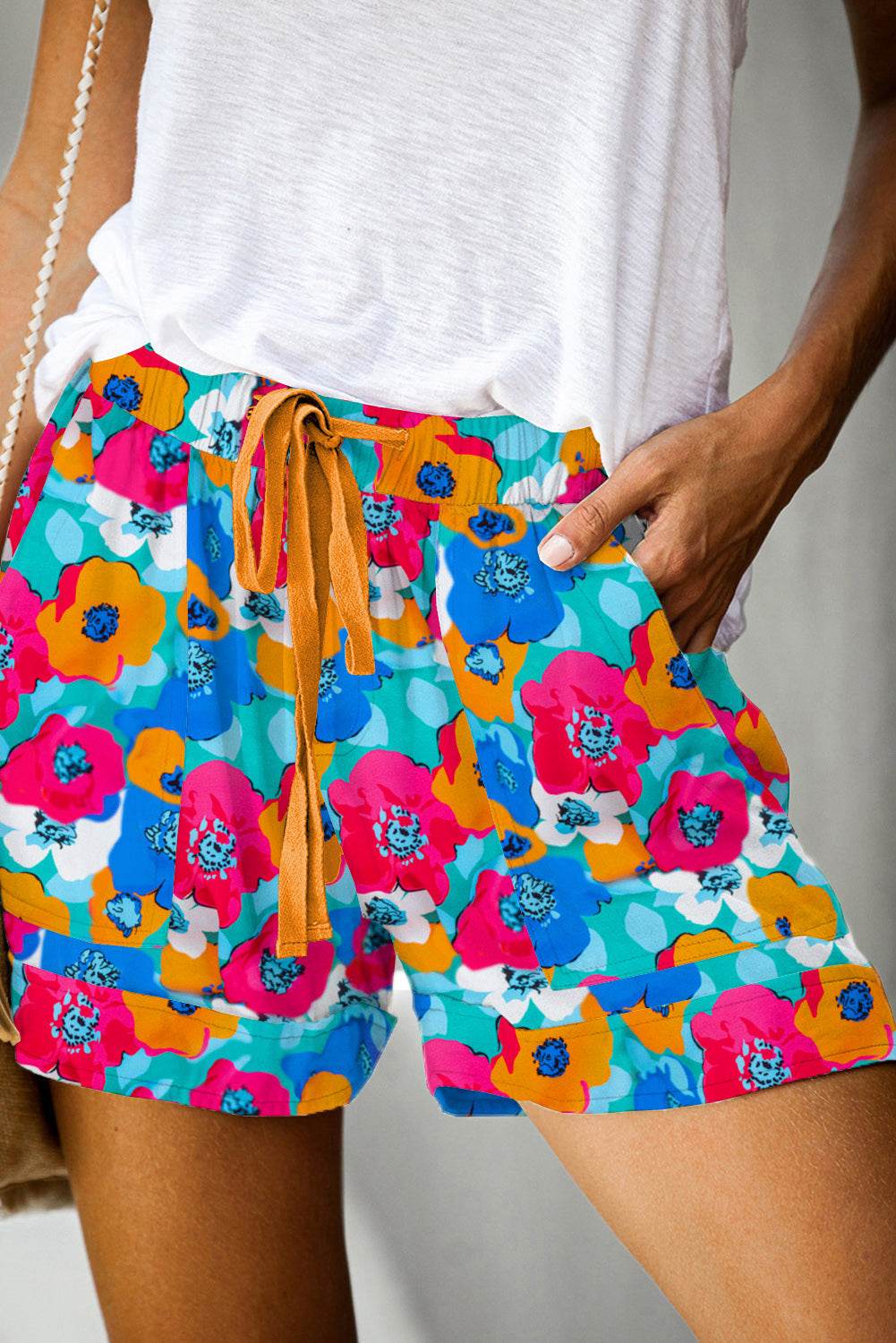 Stylish Multicolor Floral Print Drawstring Waist Shorts For Women