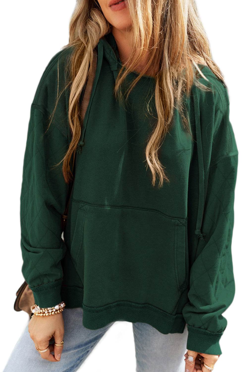 Stylish Green Quilted Patchwork Hoodie – Limited Stock Available