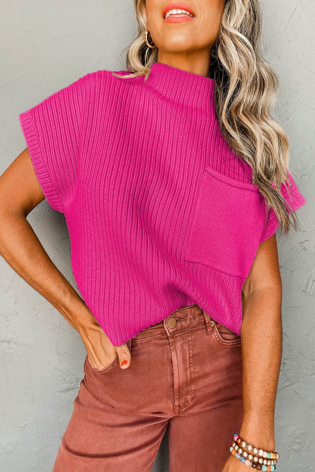 Women's Black Patch Pocket Ribbed Knit Short Sleeve Sweater