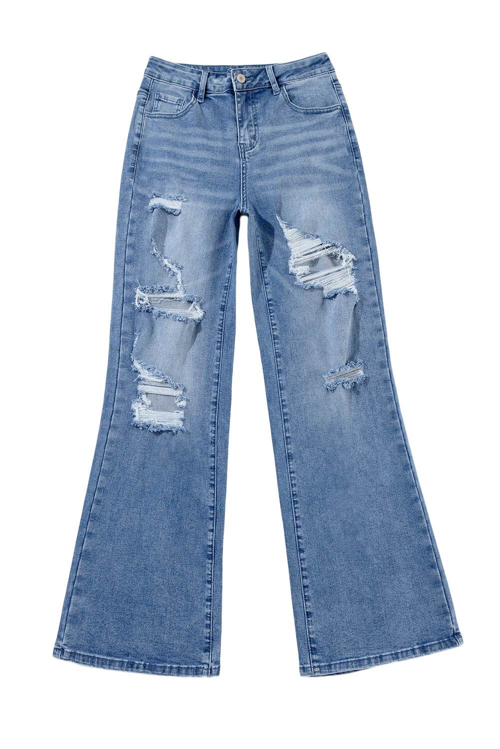 Women's Blue Acid Wash Distressed Wide Leg High Waist Jeans