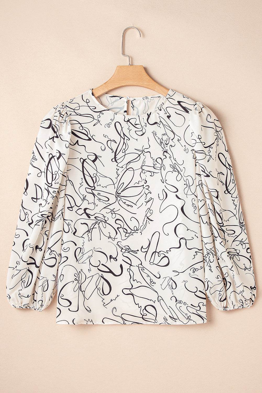 Stylish Beige Abstract Blouse Crew Neck & Balloon Sleeves