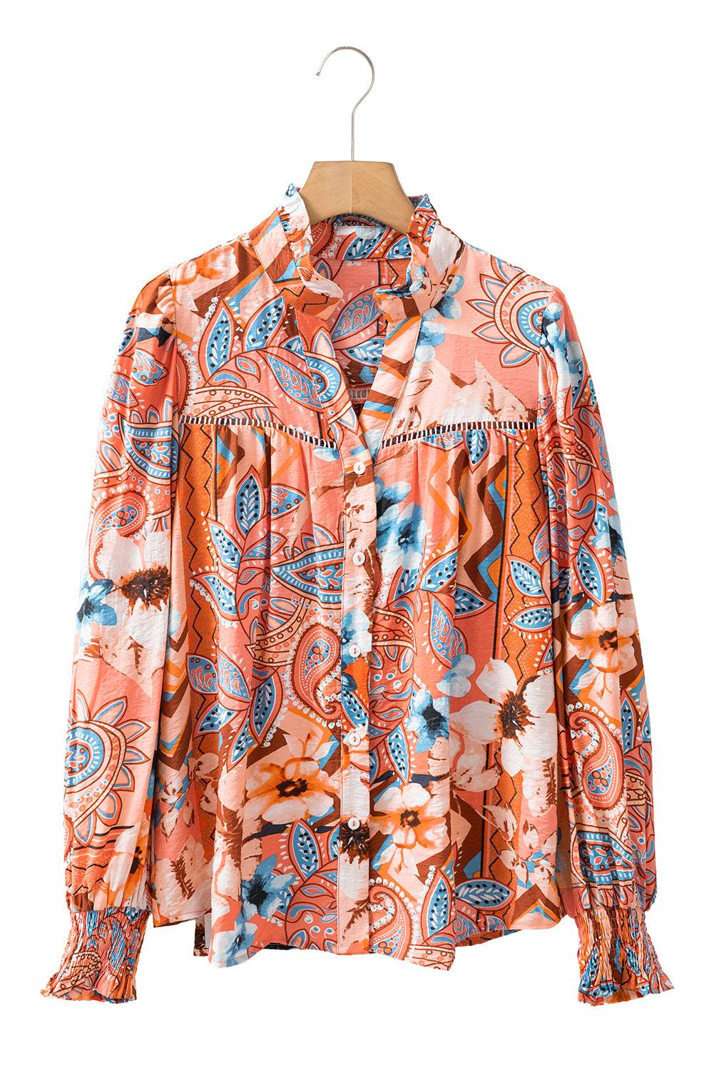 Stylish Floral Loose Fit Shirt Orange Print & Shirred Cuffs