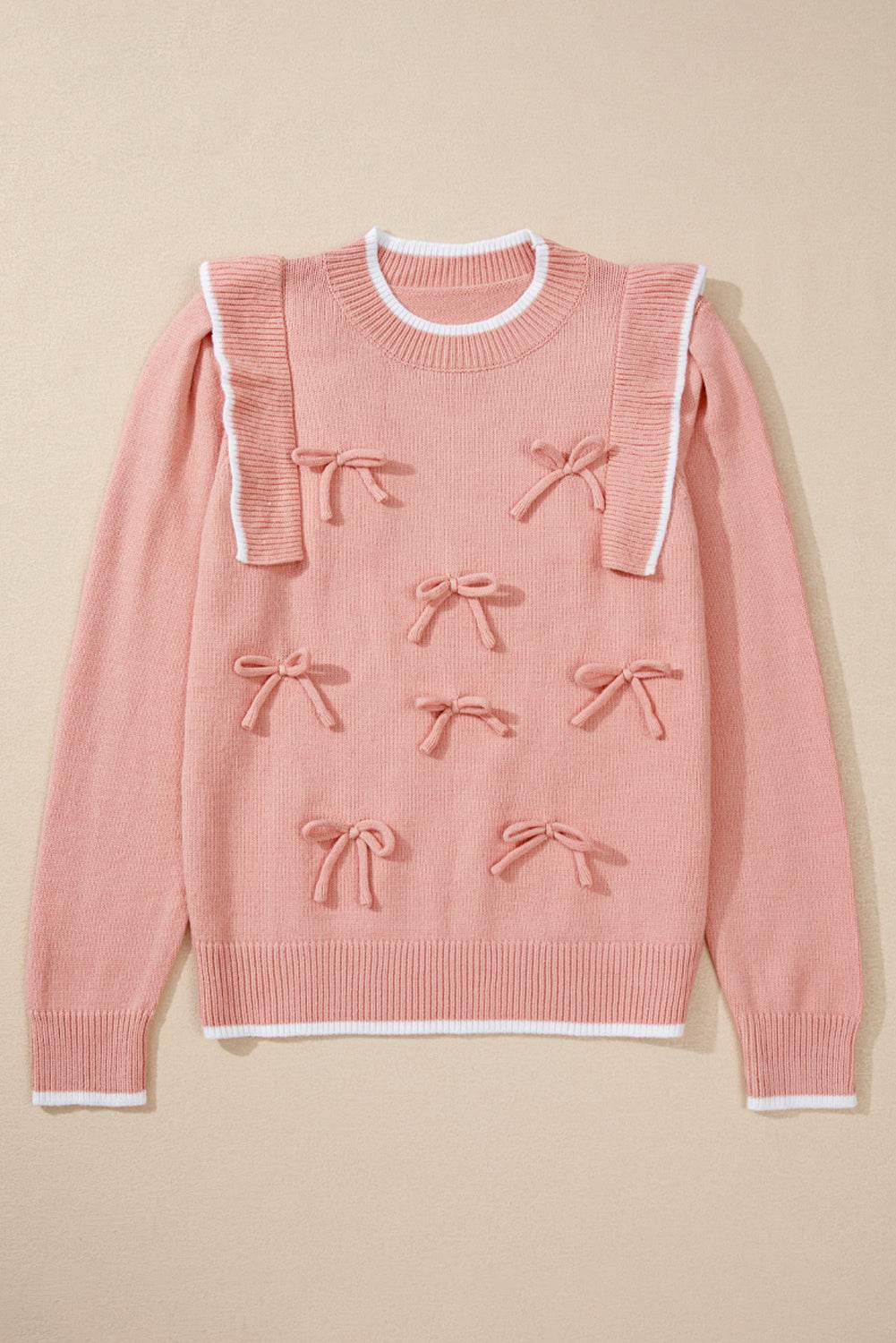 Women's Light Pink Bow Detail Contrast Trim Ruffle Sweater Outfit