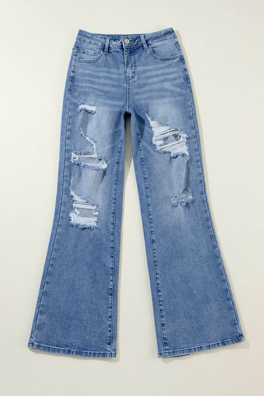 Women's Blue Acid Wash Distressed Wide Leg High Waist Jeans