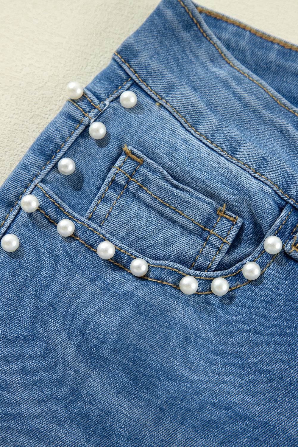 Trending Dusk Blue Flared Jeans High Waist & Pearl Details