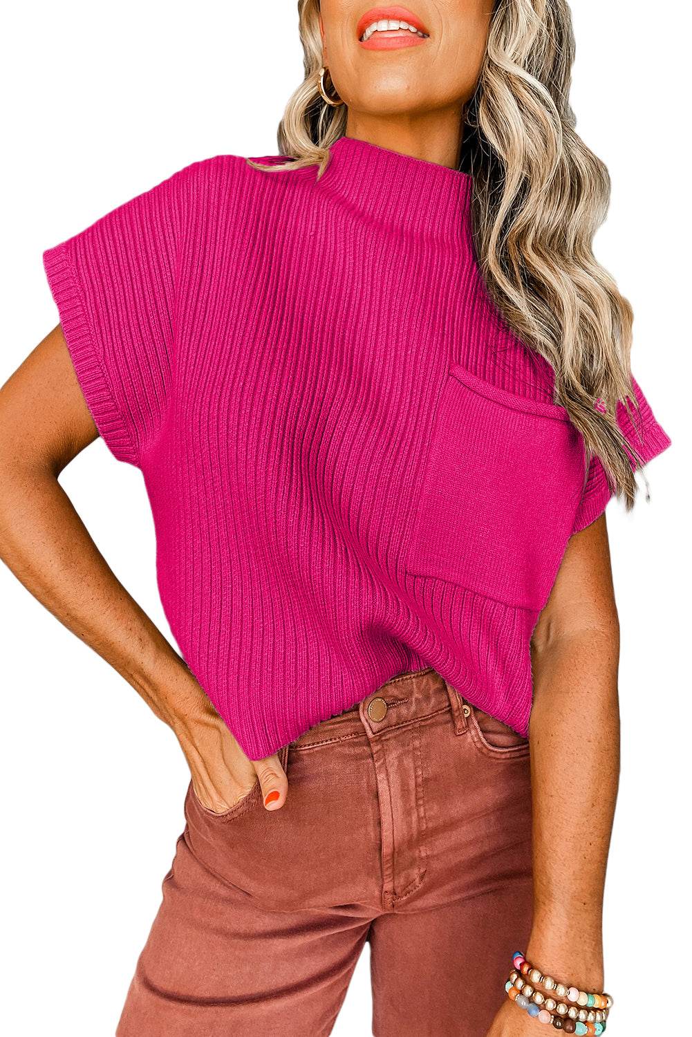 Women's Black Patch Pocket Ribbed Knit Short Sleeve Sweater