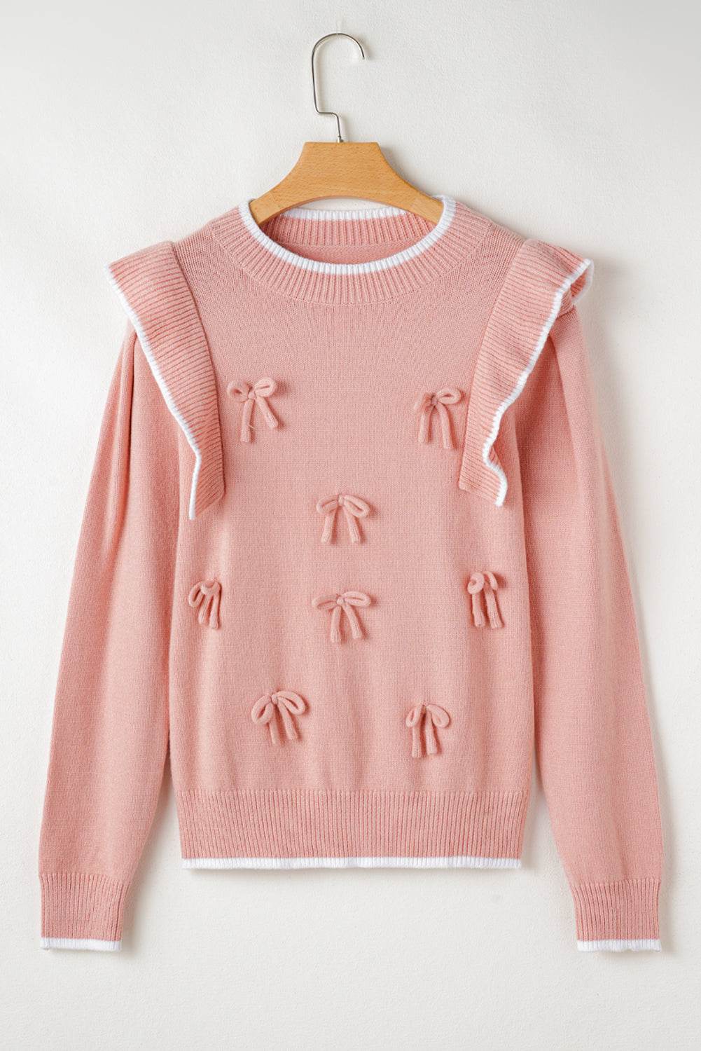 Women's Light Pink Bow Detail Contrast Trim Ruffle Sweater Outfit