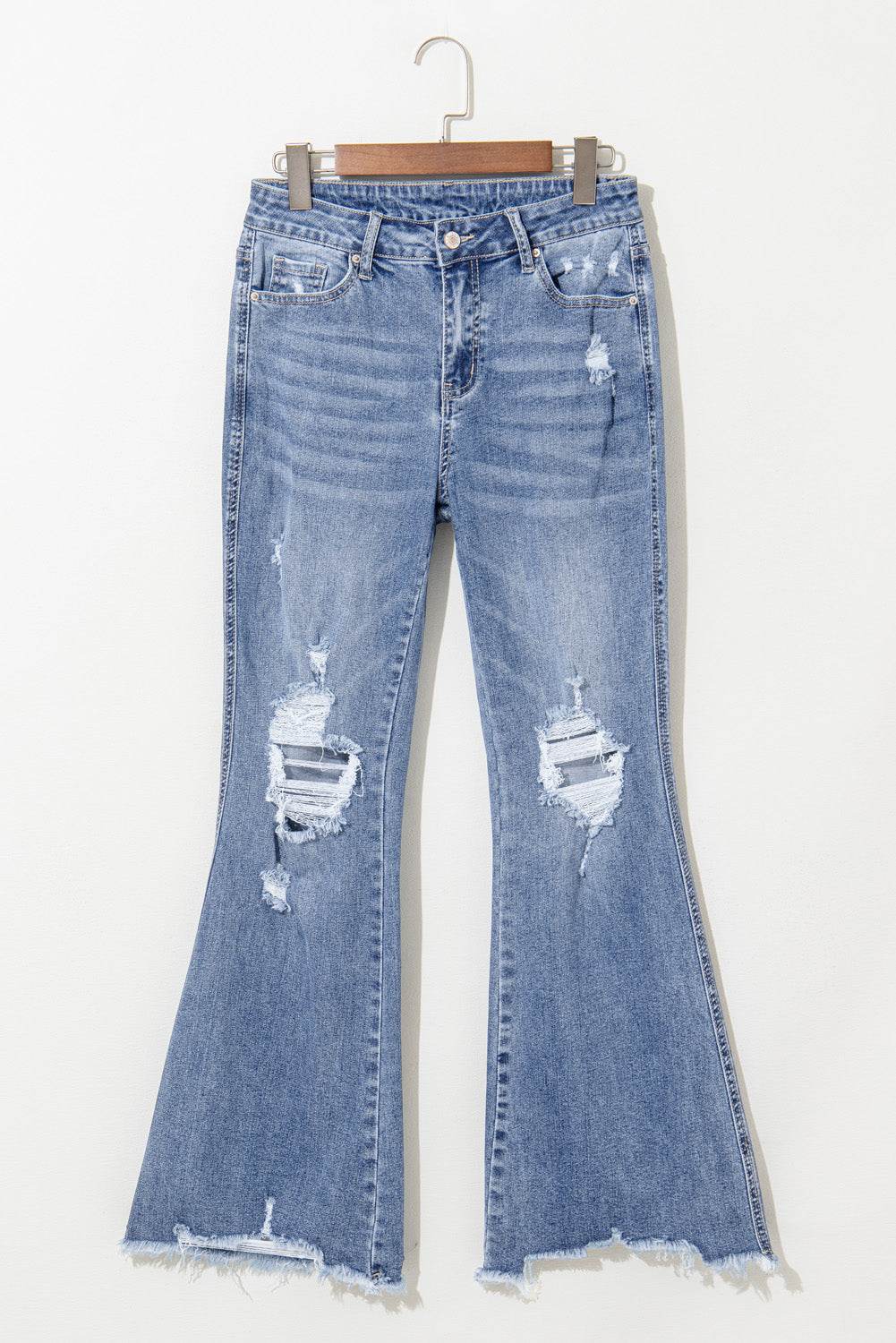 Women's Blue High Rise Ripped Distressed Hem Flared Jeans