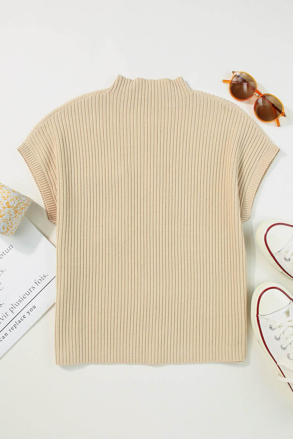 Women's Black Patch Pocket Ribbed Knit Short Sleeve Sweater