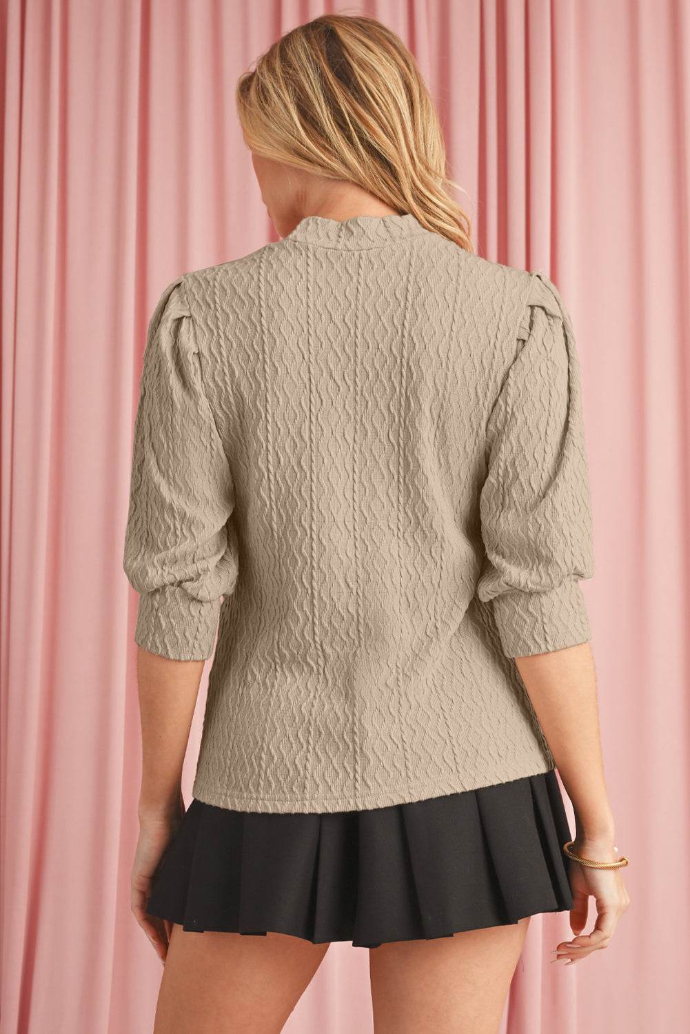Taupe Ruched Puff Sleeve Top Mock Neck Design for Elegant Style
