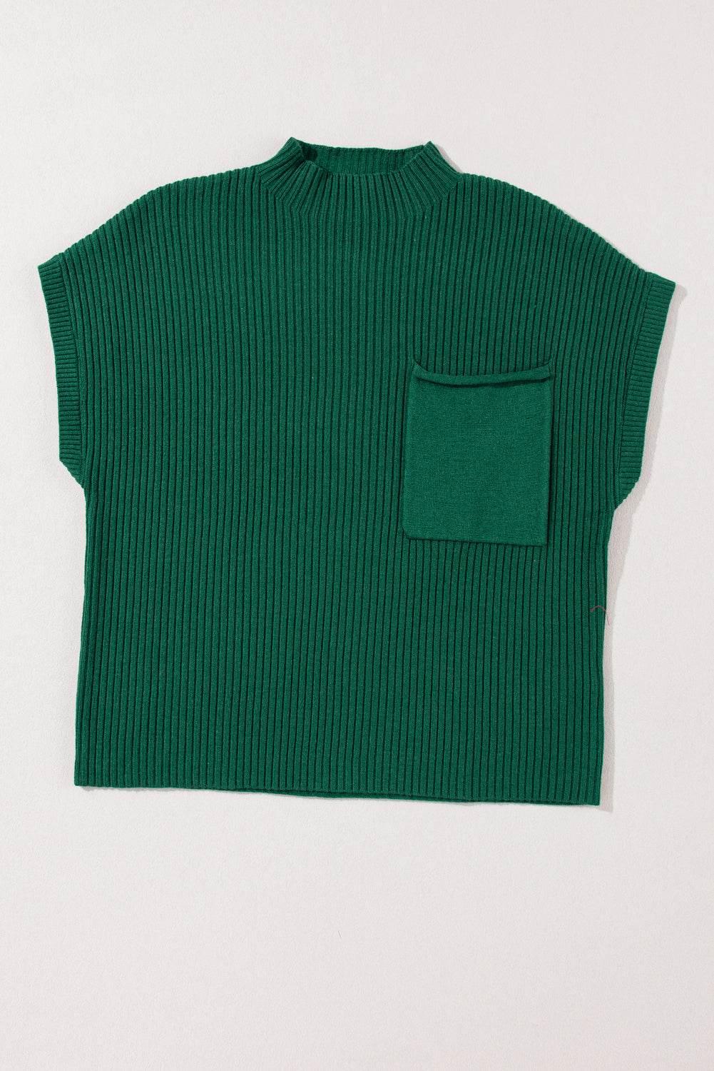 Women's Black Patch Pocket Ribbed Knit Short Sleeve Sweater