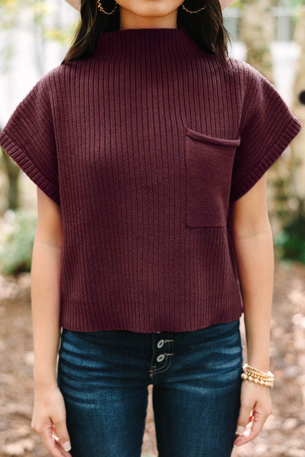 Women's Black Patch Pocket Ribbed Knit Short Sleeve Sweater