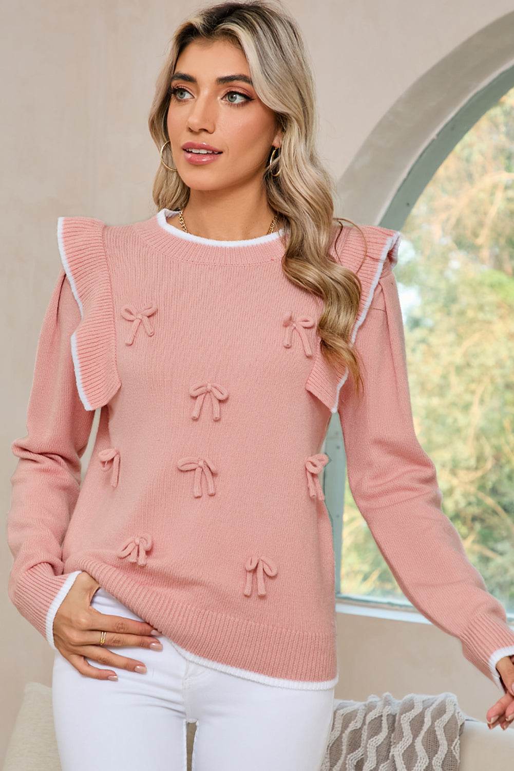 Women's Light Pink Bow Detail Contrast Trim Ruffle Sweater Outfit
