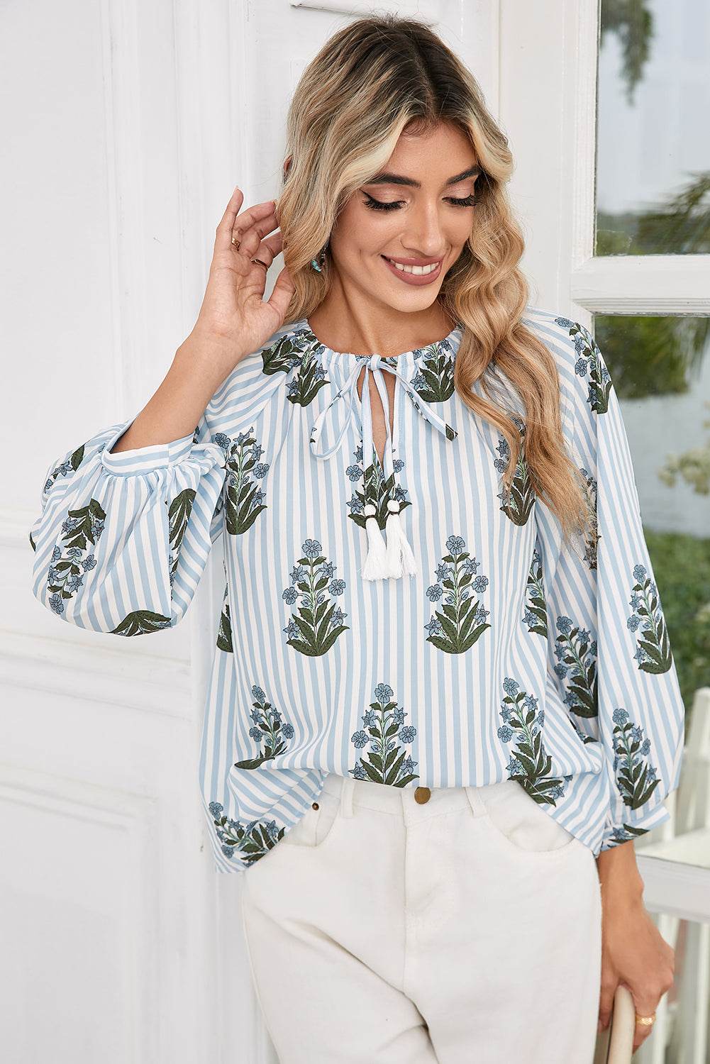 Stylish Beau Blue Floral Blouse Long Sleeves & Tie V Neck