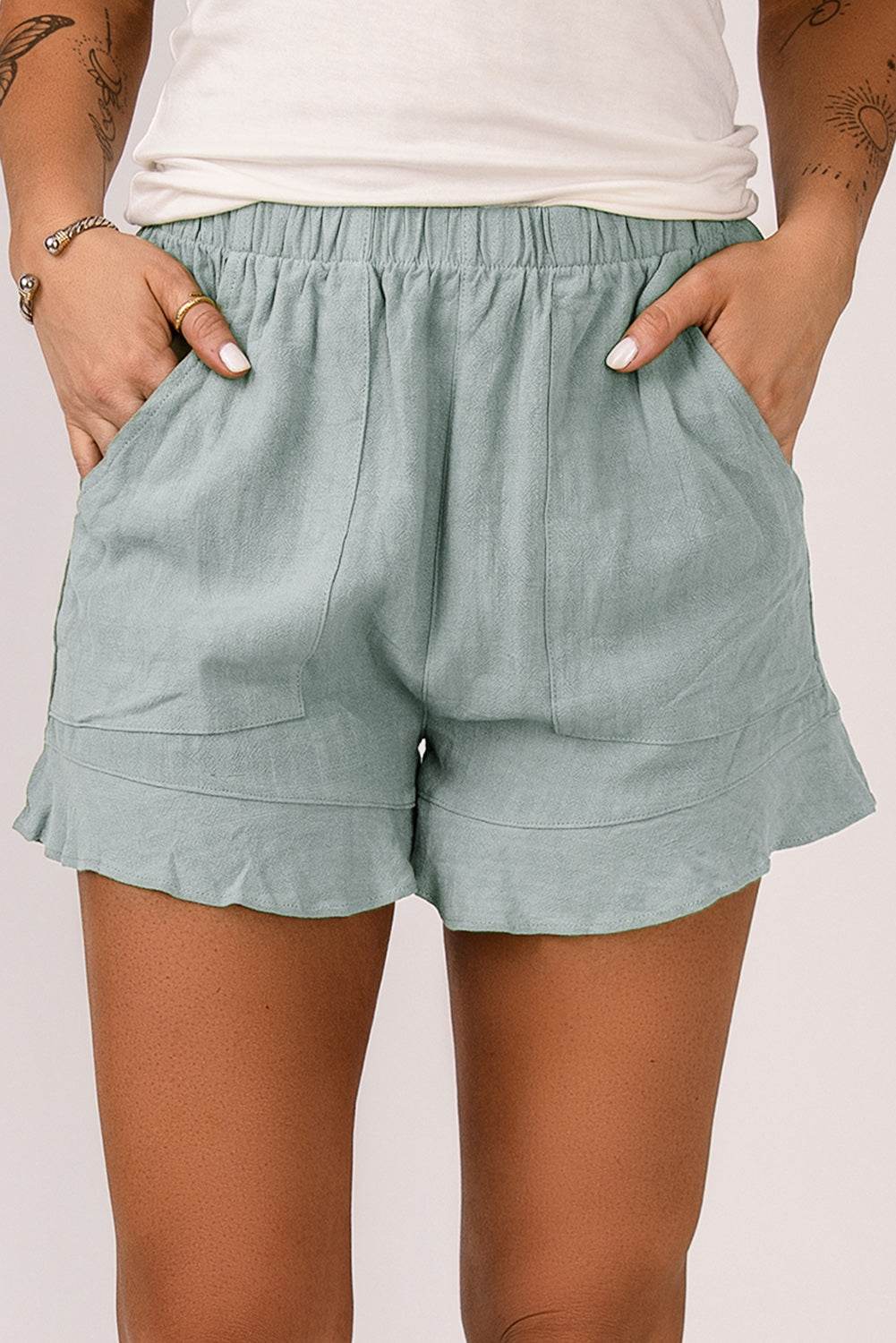 Trendy Stylish Casual High Waist Ruffle Shorts With Pockets