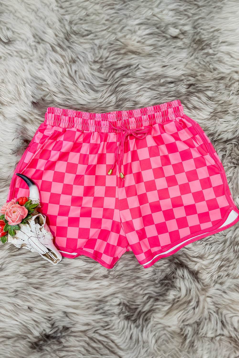 Trendy Checkered Drawstring Elastic Waist Casual Shorts