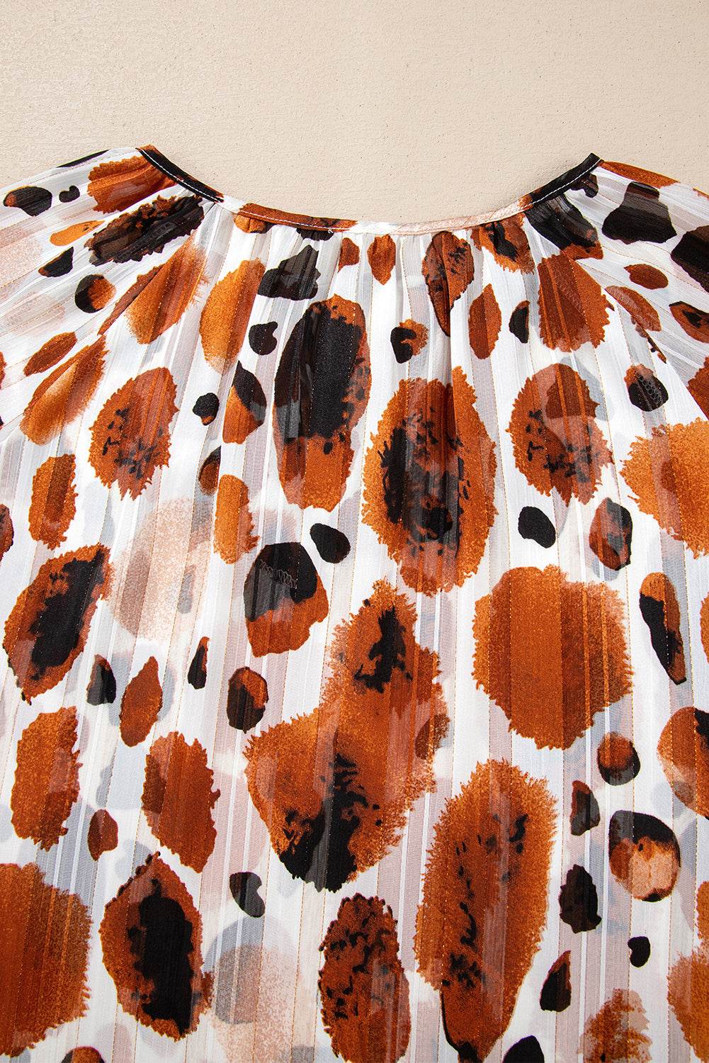 Stylish Brown Abstract Blouse Ruffle 3 4 Sleeve Tie Neck Chic
