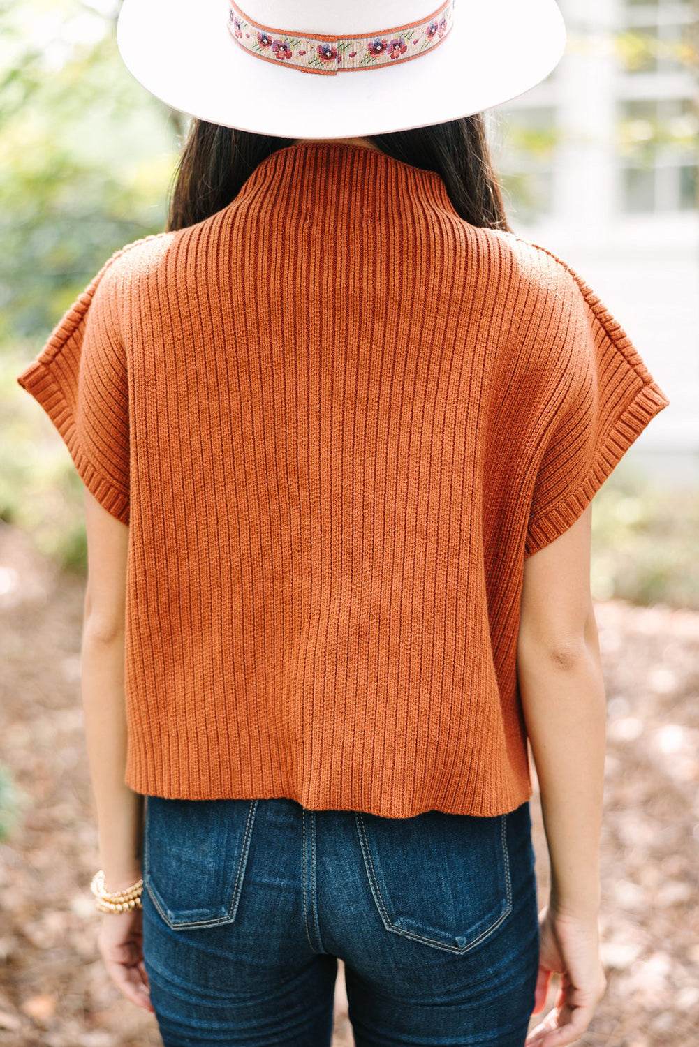 Women's Black Patch Pocket Ribbed Knit Short Sleeve Sweater