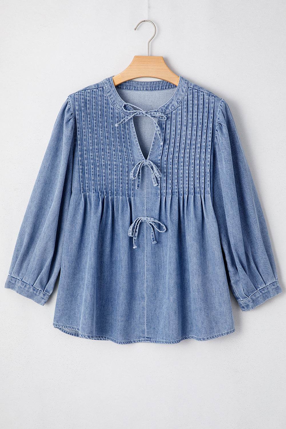 Trendy Denim Puff Sleeve Top Bow Tie Elegance in Every Detail