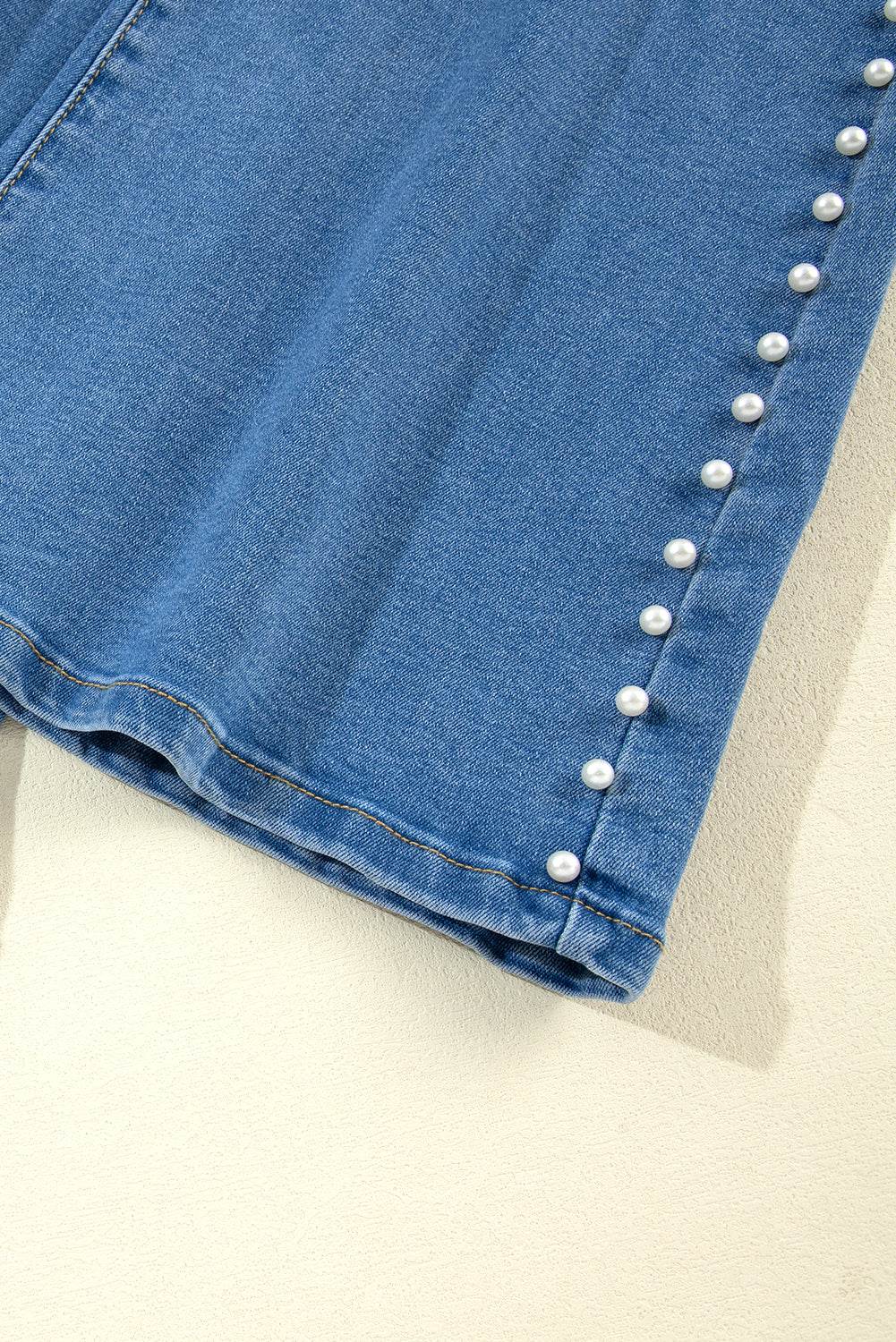 Trending Dusk Blue Flared Jeans High Waist & Pearl Details