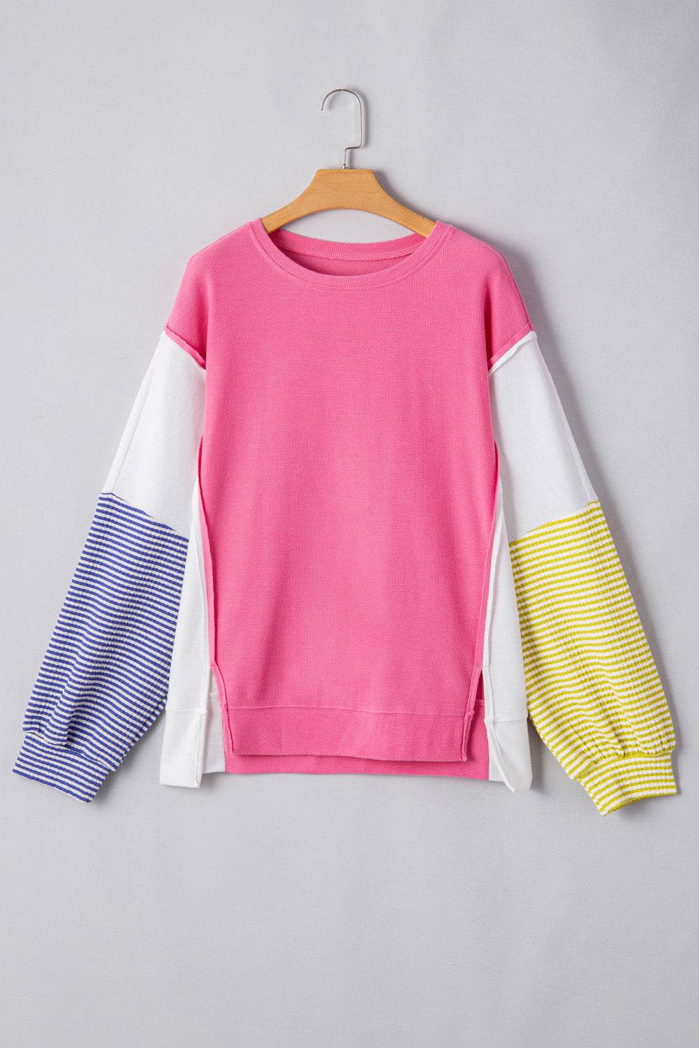 Rose Red Striped Color Block Top Chic Plus Size Long Sleeve Style