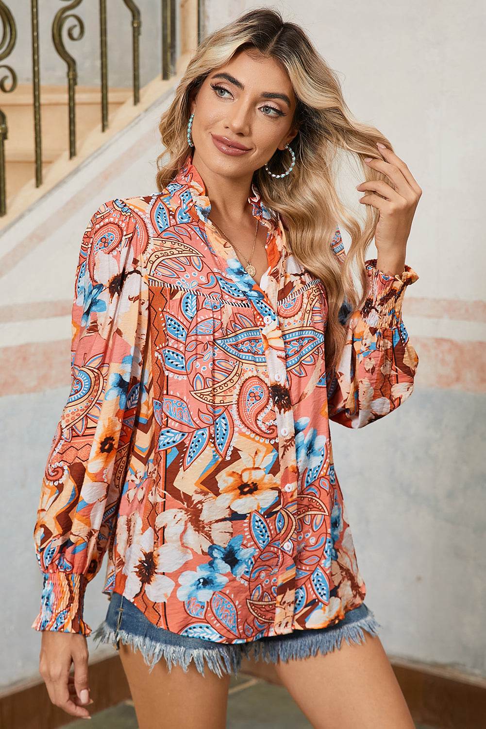 Stylish Floral Loose Fit Shirt Orange Print & Shirred Cuffs