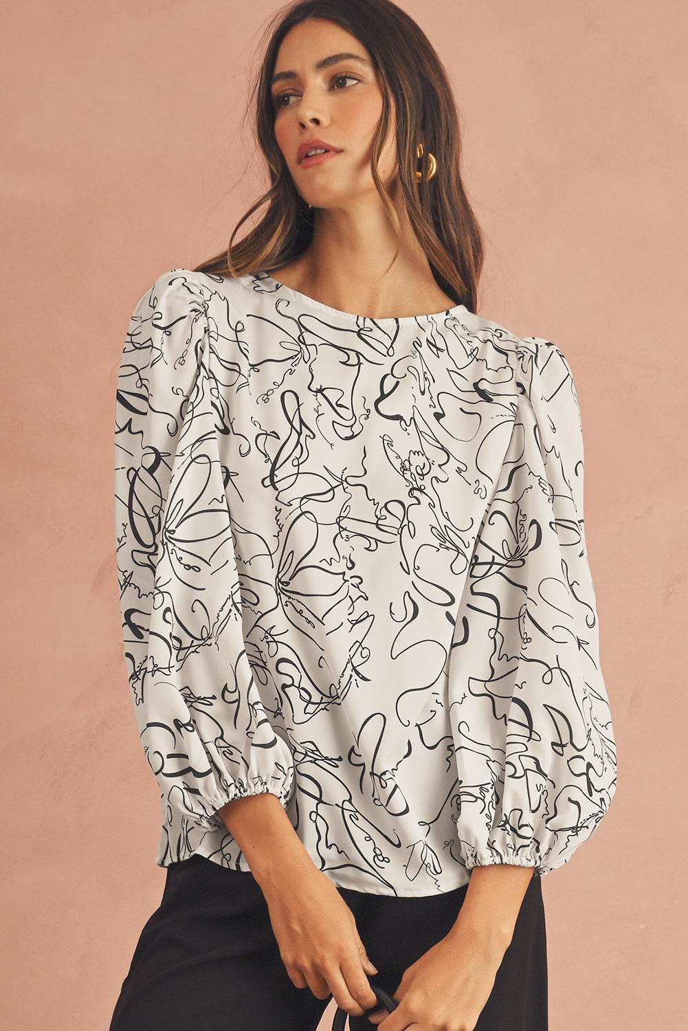 Stylish Beige Abstract Blouse Crew Neck & Balloon Sleeves