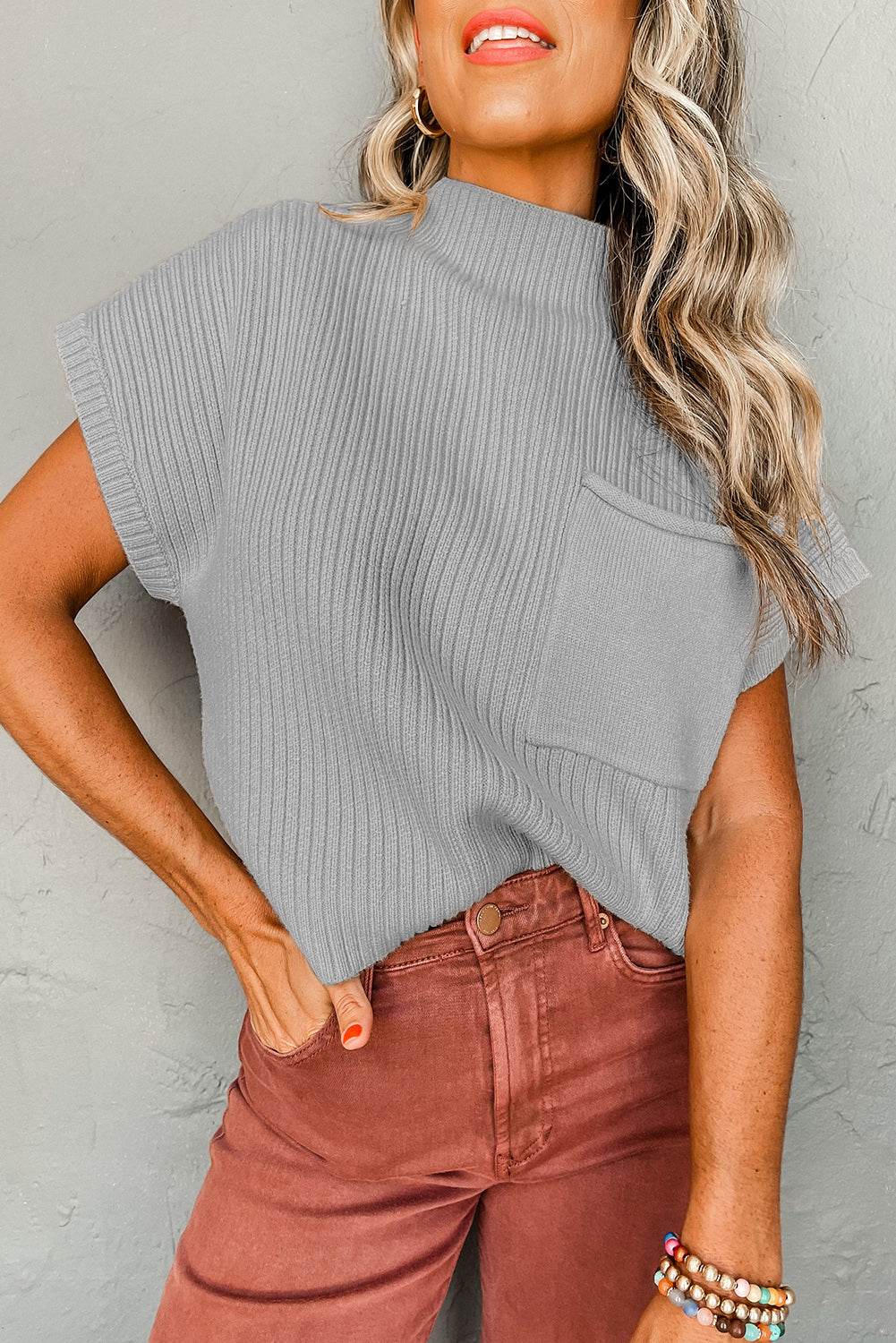 Women's Black Patch Pocket Ribbed Knit Short Sleeve Sweater