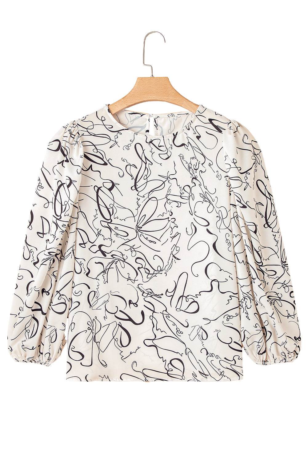Stylish Beige Abstract Blouse Crew Neck & Balloon Sleeves