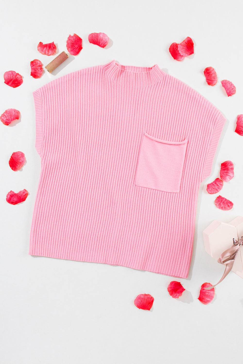 Women's Black Patch Pocket Ribbed Knit Short Sleeve Sweater