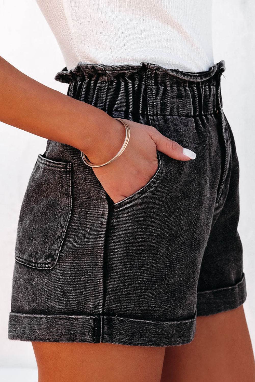 Trendy Stylish Vintage Washed Frilled High Waist Denim Shorts
