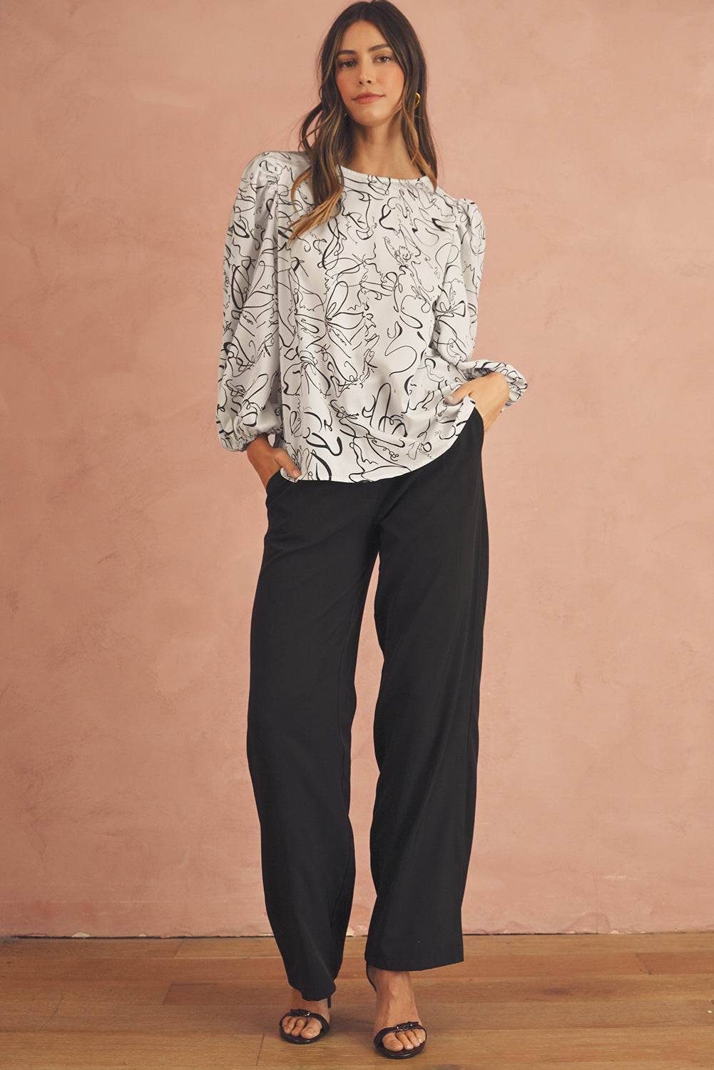 Stylish Beige Abstract Blouse Crew Neck & Balloon Sleeves