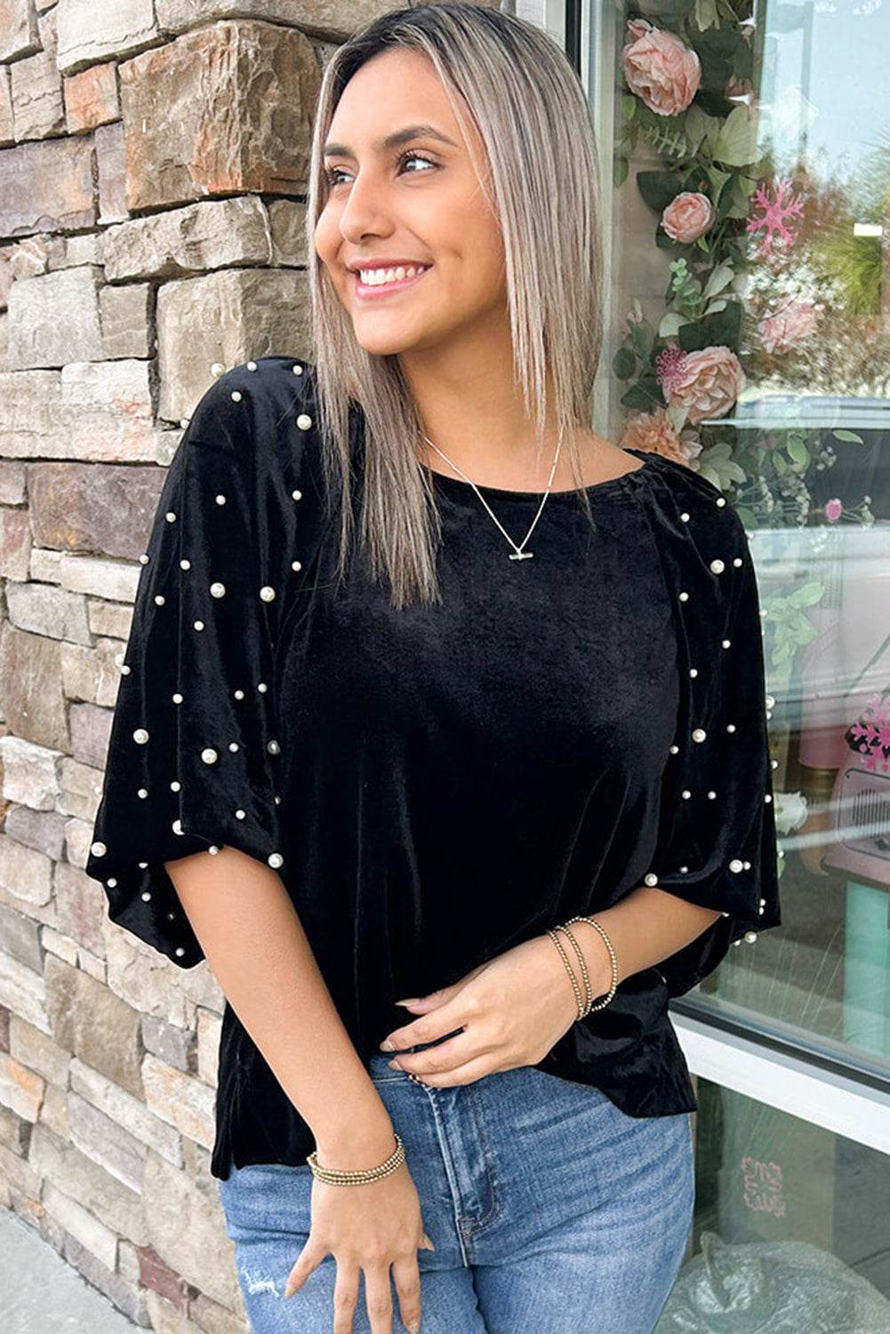 Trendy Black Velvet Top Beaded Pearls & Half Sleeves Elegance