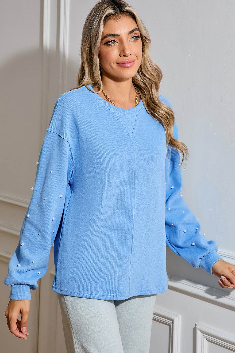 Stylish Myosotis Pearl Sleeves Pullover Sweatshirt Trendy Look