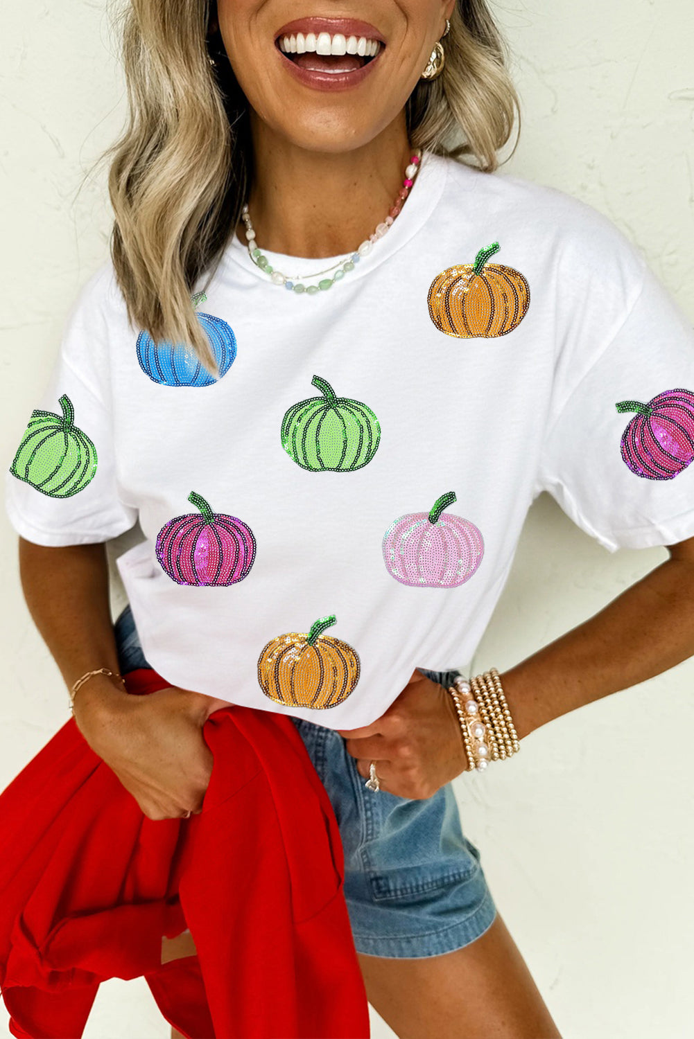 White Sequin Pumpkin Patched Cotton Blend T Shirt For Halloween