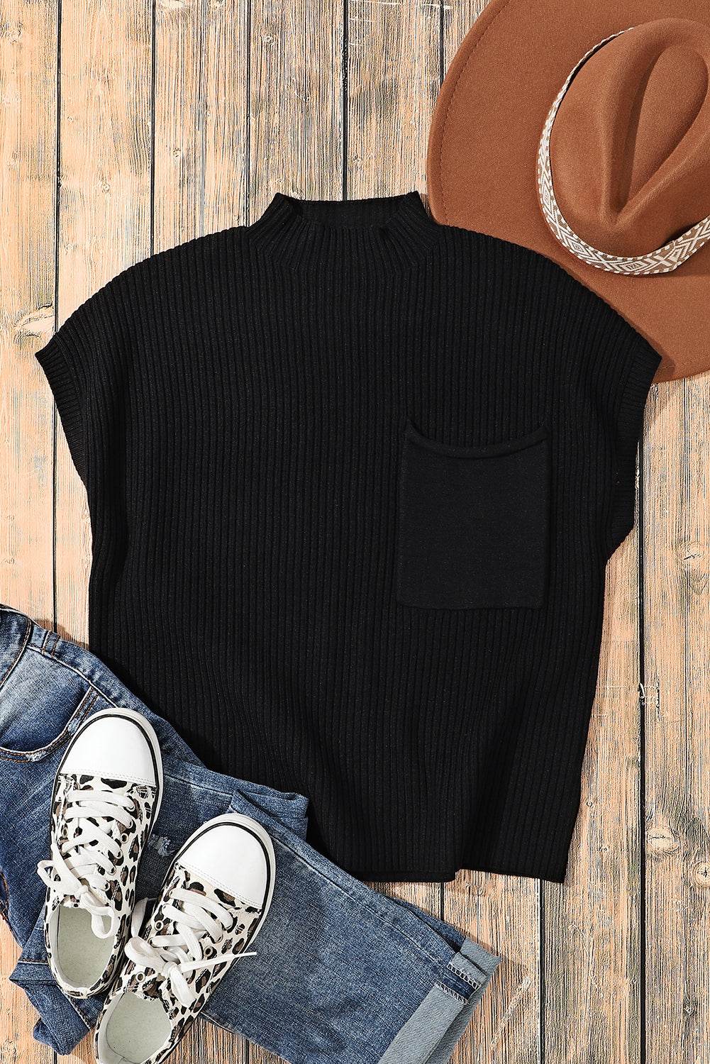 Women's Black Patch Pocket Ribbed Knit Short Sleeve Sweater