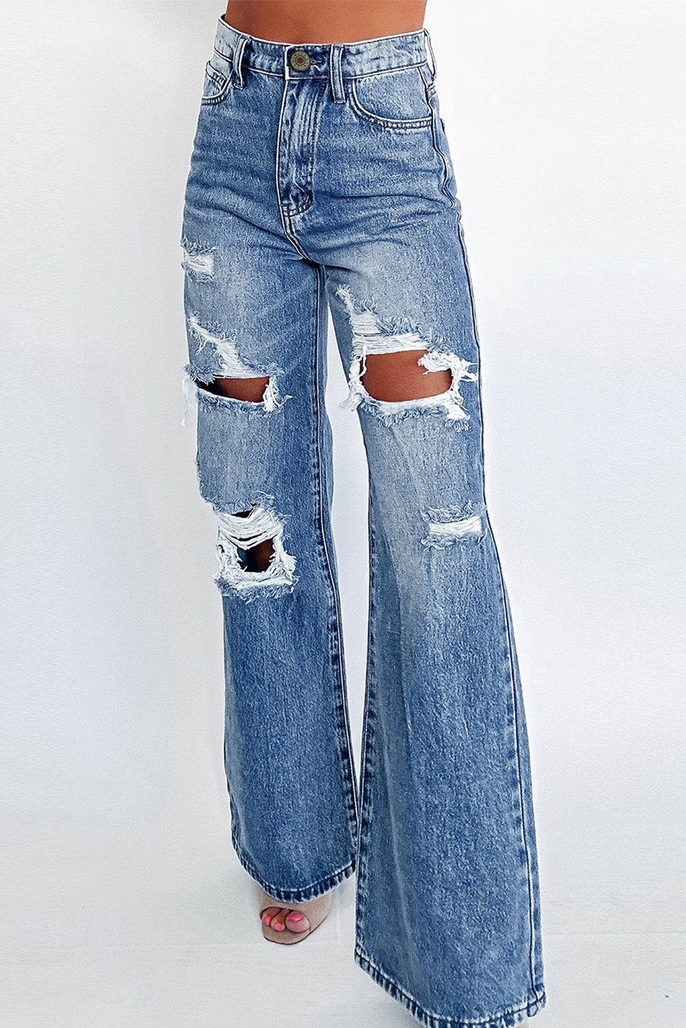 Women's Blue Acid Wash Distressed Wide Leg High Waist Jeans
