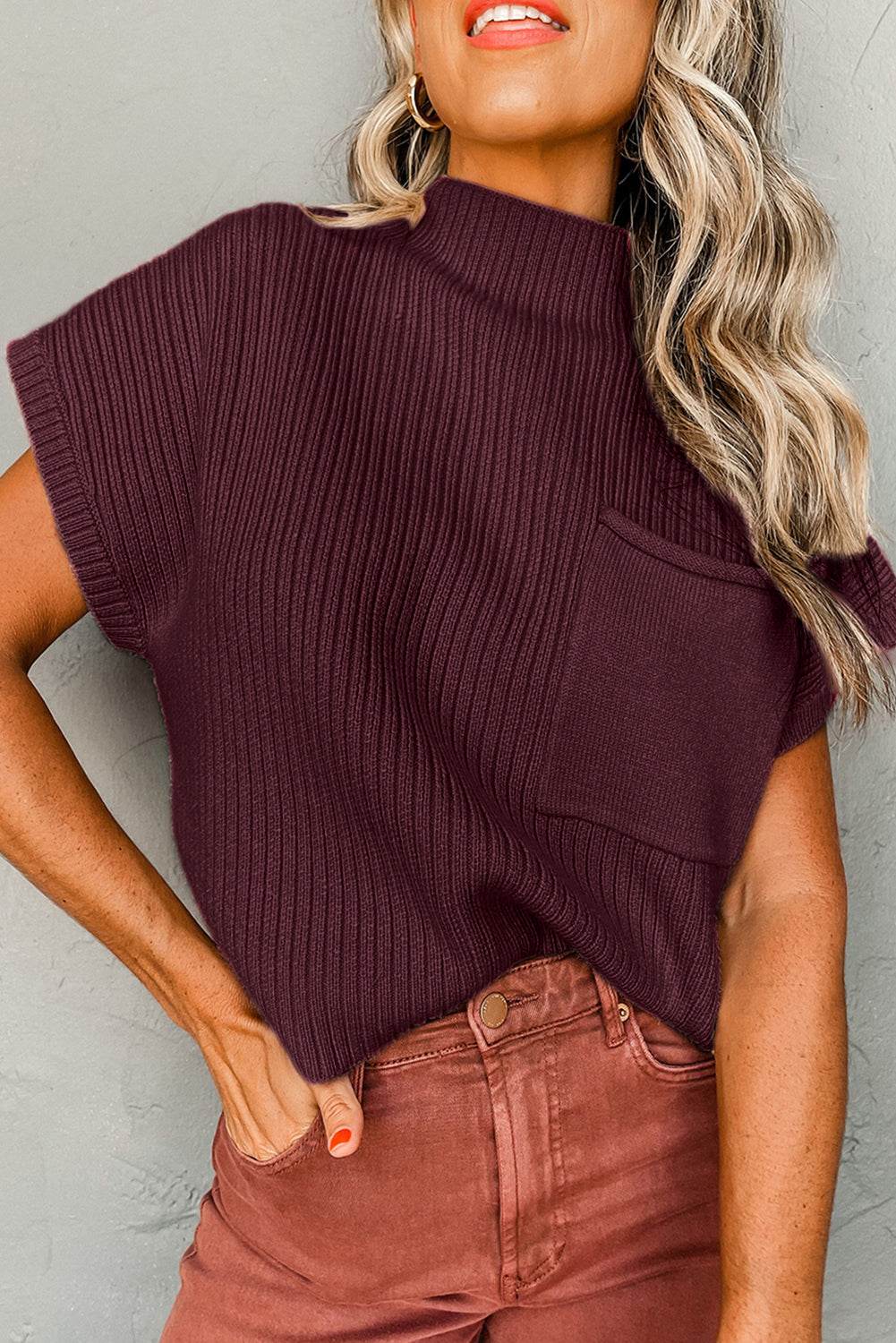 Women's Black Patch Pocket Ribbed Knit Short Sleeve Sweater