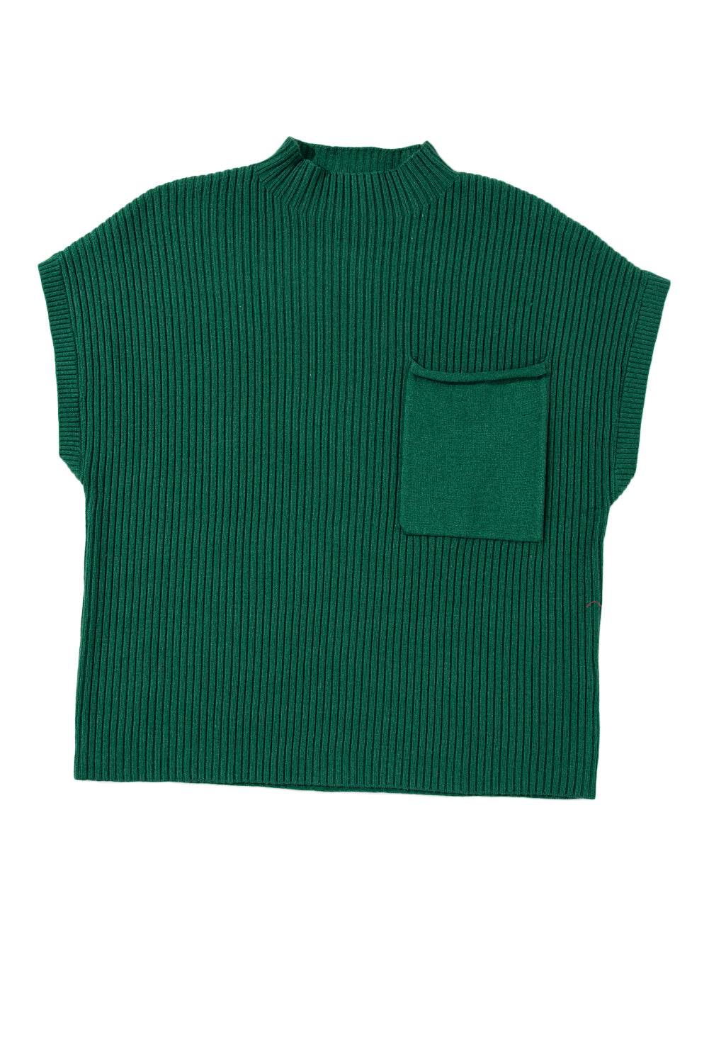 Women's Black Patch Pocket Ribbed Knit Short Sleeve Sweater