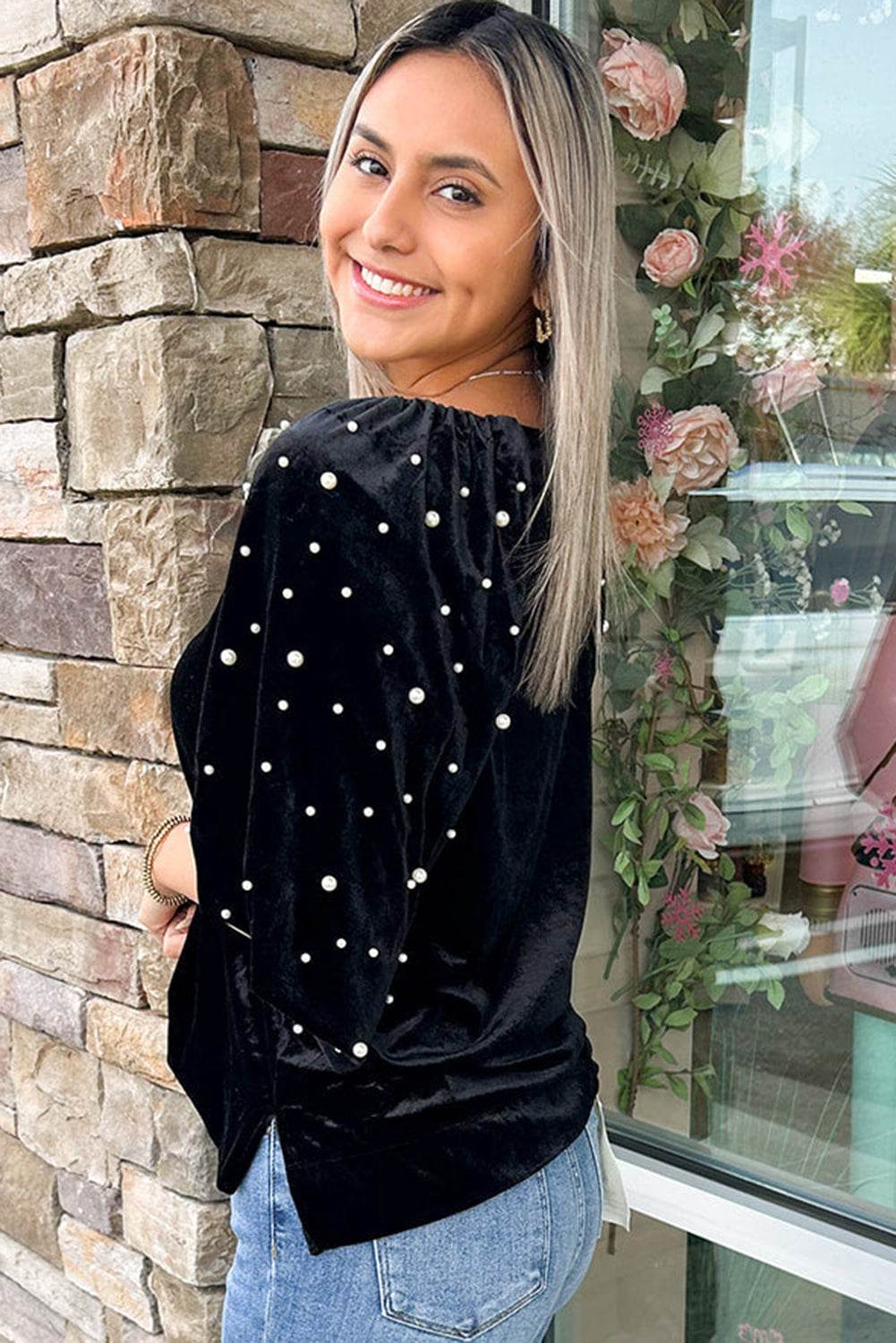 Trendy Black Velvet Top Beaded Pearls & Half Sleeves Elegance