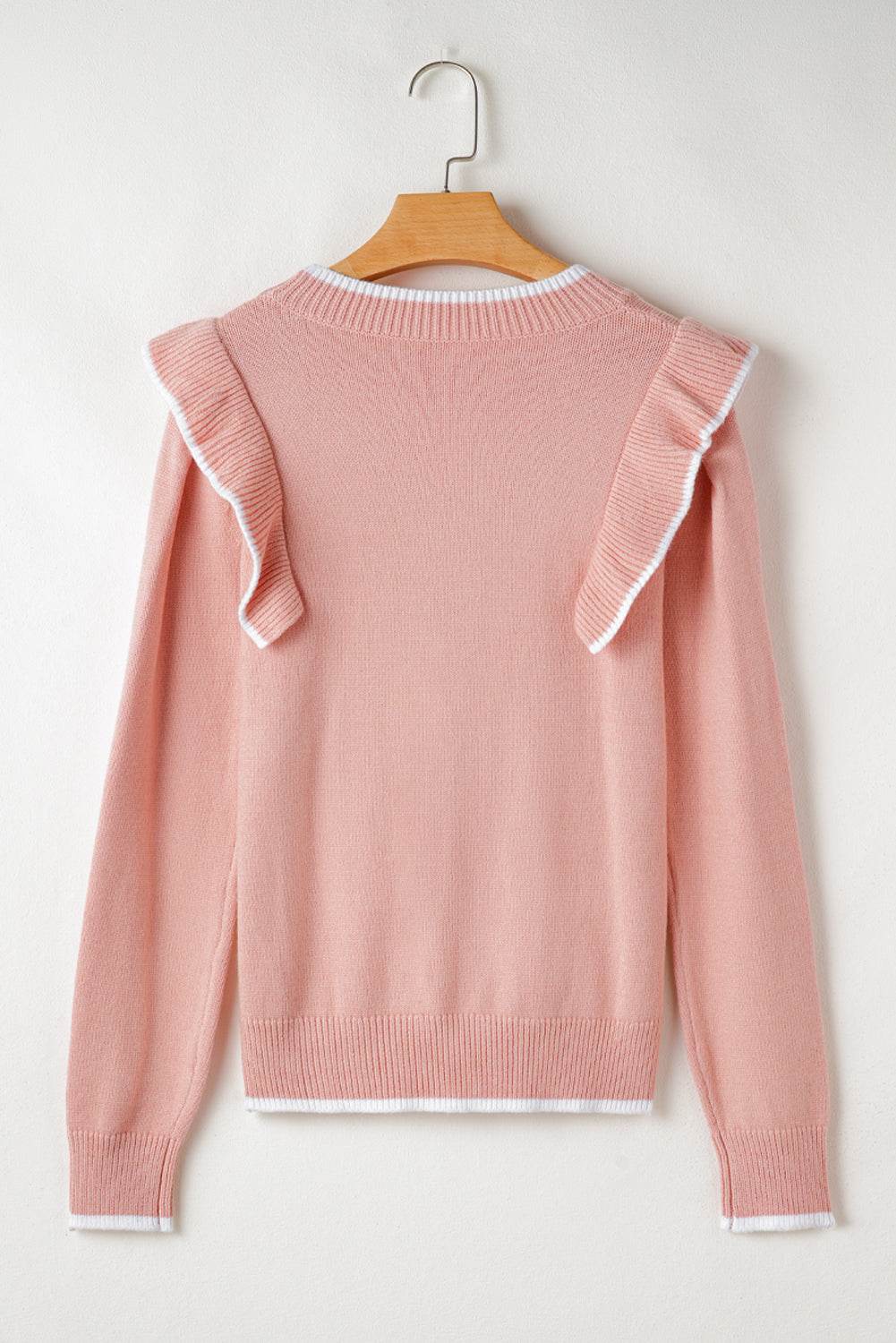 Women's Light Pink Bow Detail Contrast Trim Ruffle Sweater Outfit