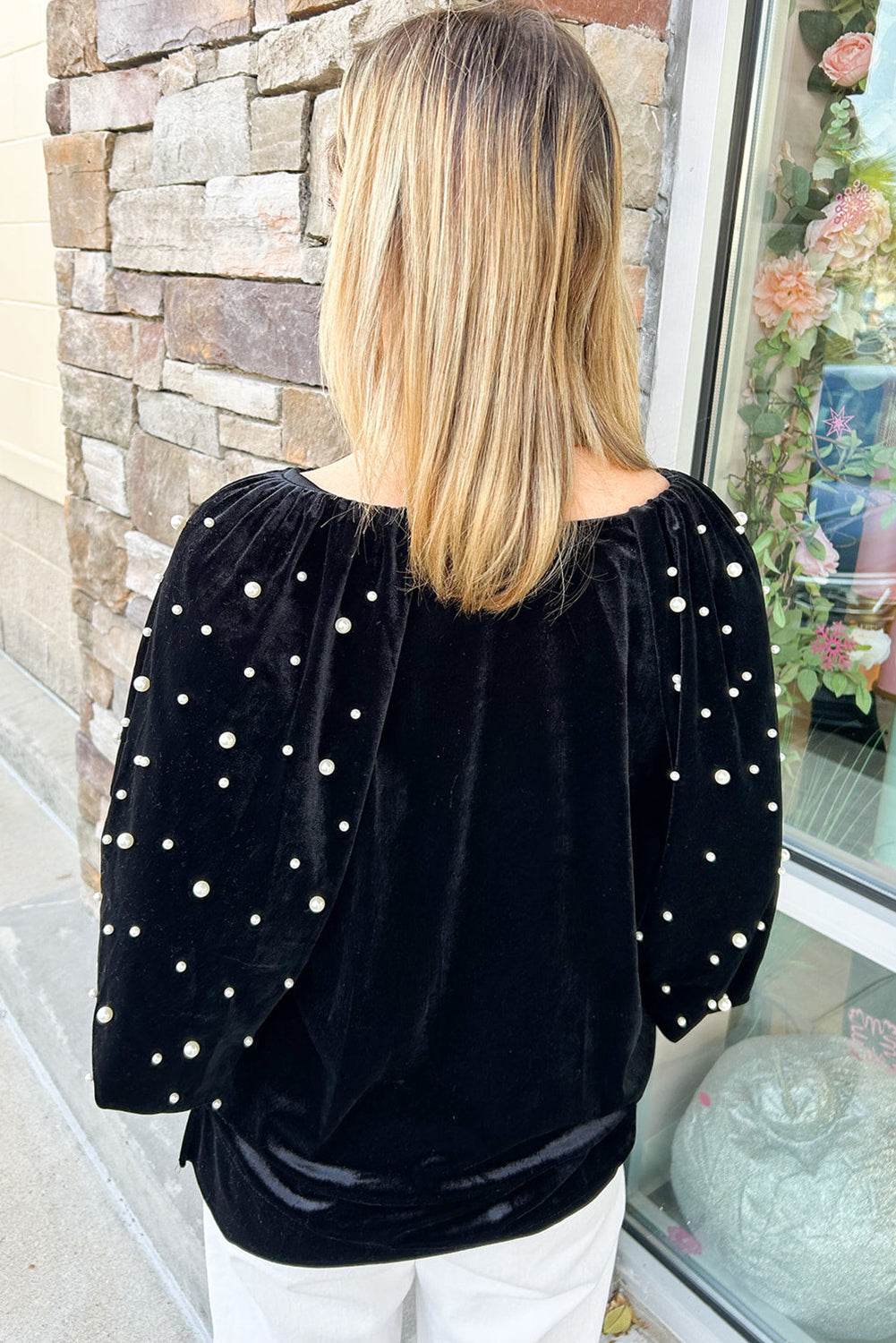 Trendy Black Velvet Top Beaded Pearls & Half Sleeves Elegance